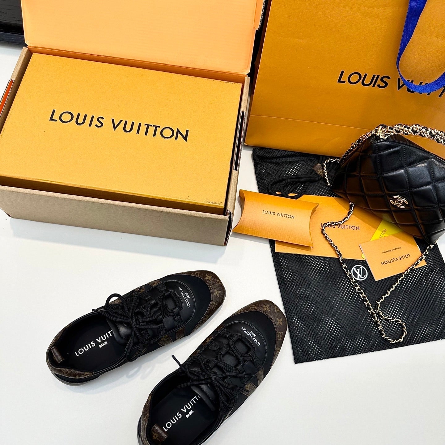 LOUIS VUITTON SNEAKERINA TRAINERS IN BROWN AND BLACK FABRIC AND CANVAS
