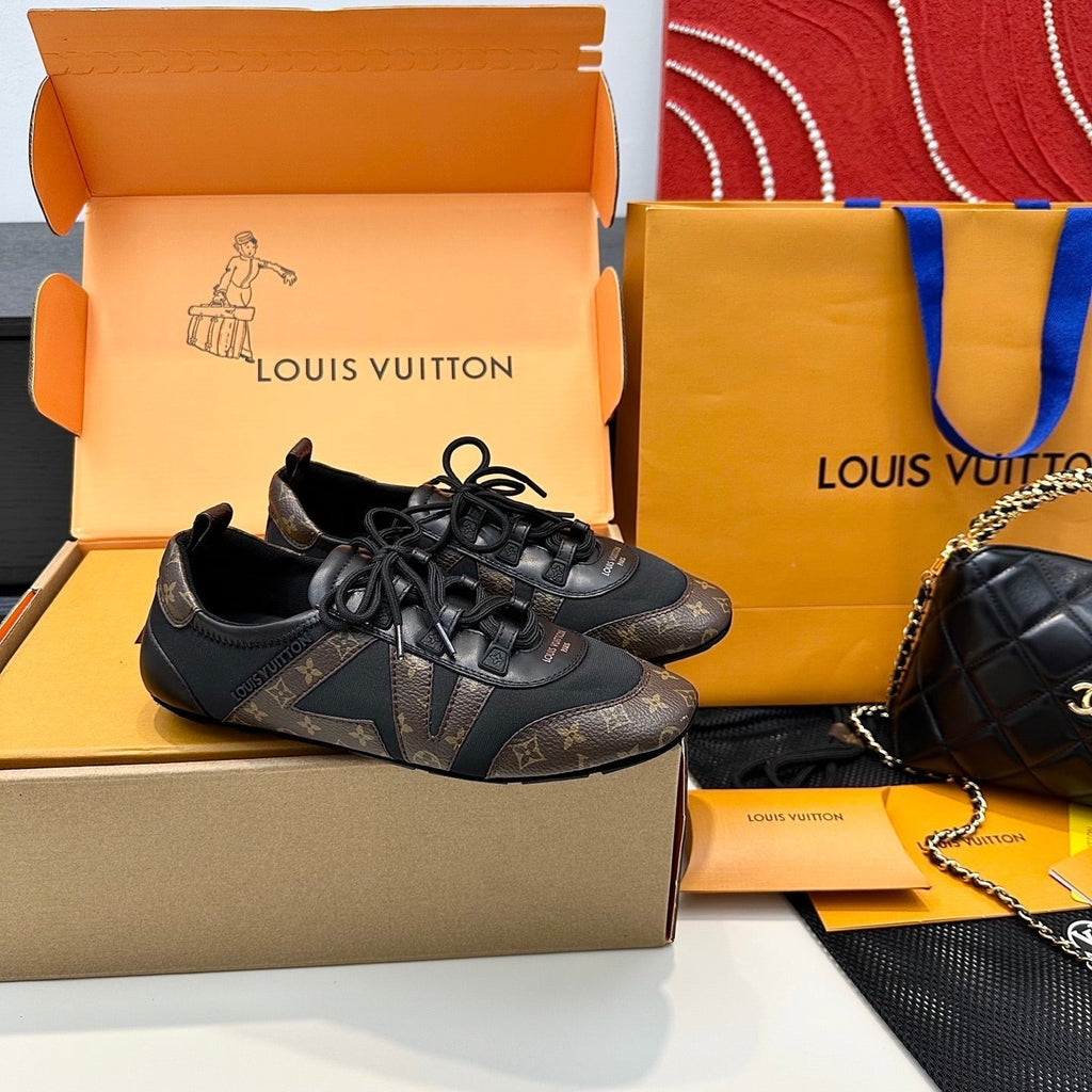 LOUIS VUITTON SNEAKERINA TRAINERS IN BROWN AND BLACK FABRIC AND CANVAS