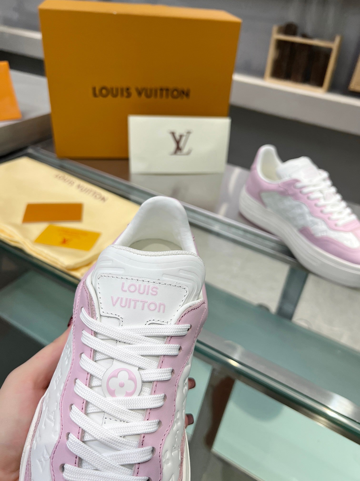 LOUIS VUITTON LV WOMEN GROOVY PLATFORM IN WHITE MIX LIGHT PINK EMBOSSED CALFSKIN