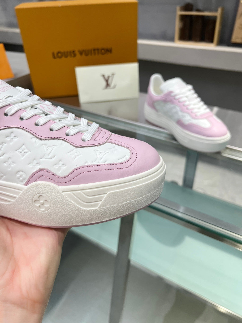 LOUIS VUITTON LV WOMEN GROOVY PLATFORM IN WHITE MIX LIGHT PINK EMBOSSED CALFSKIN