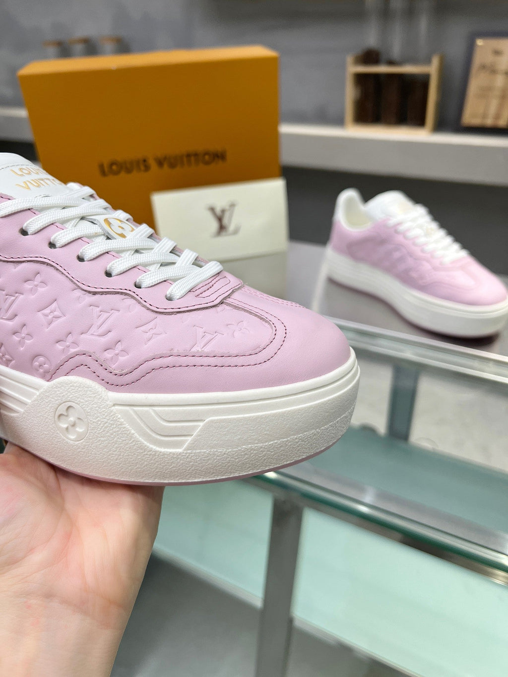 LOUIS VUITTON LV WOMEN GROOVY PLATFORM IN LIGHT PINK EMBOSSED CALFSKIN