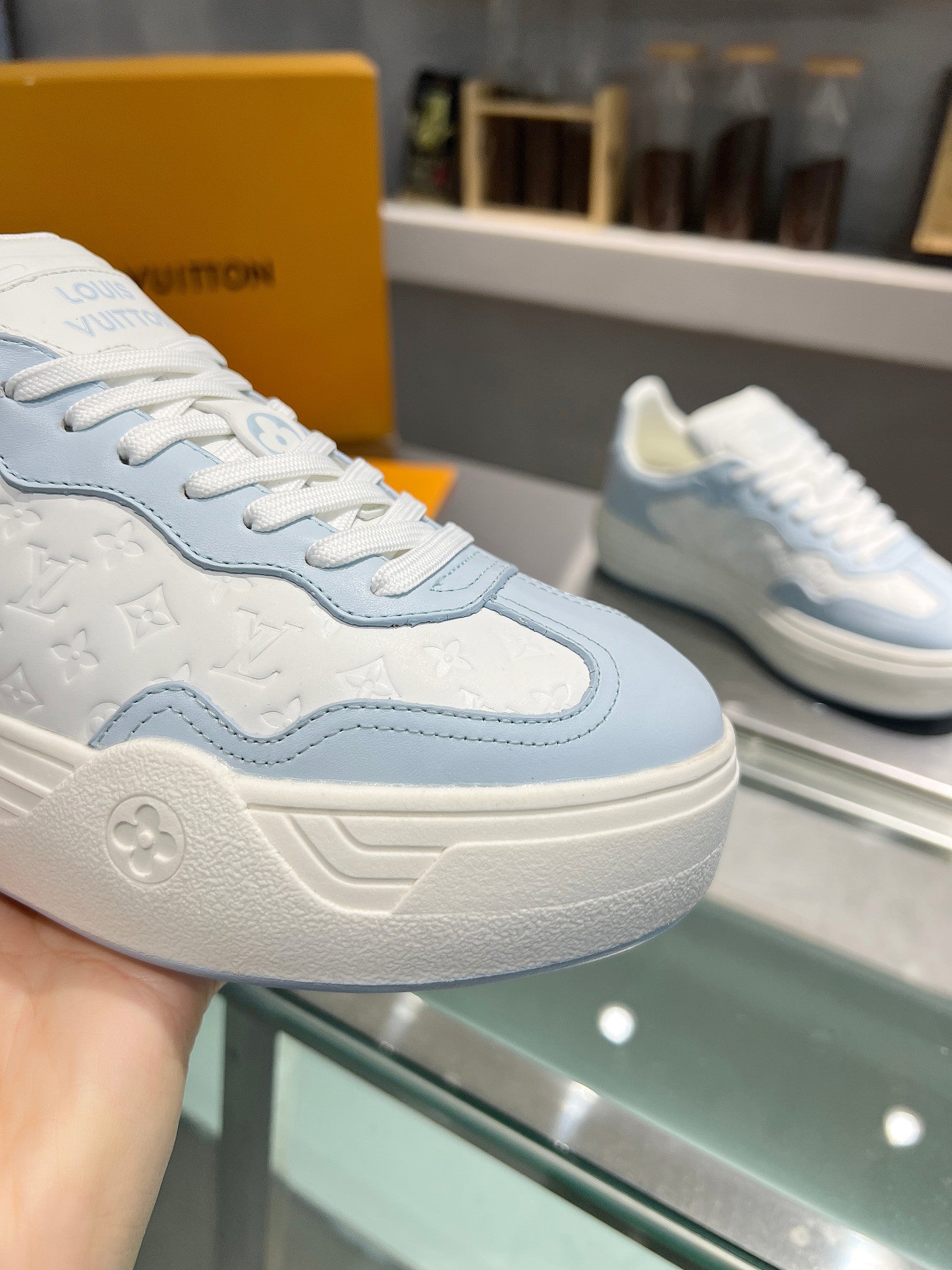 LOUIS VUITTON LV WOMEN GROOVY PLATFORM IN WHITE MIX LIGHT BLUE EMBOSSED CALFSKIN