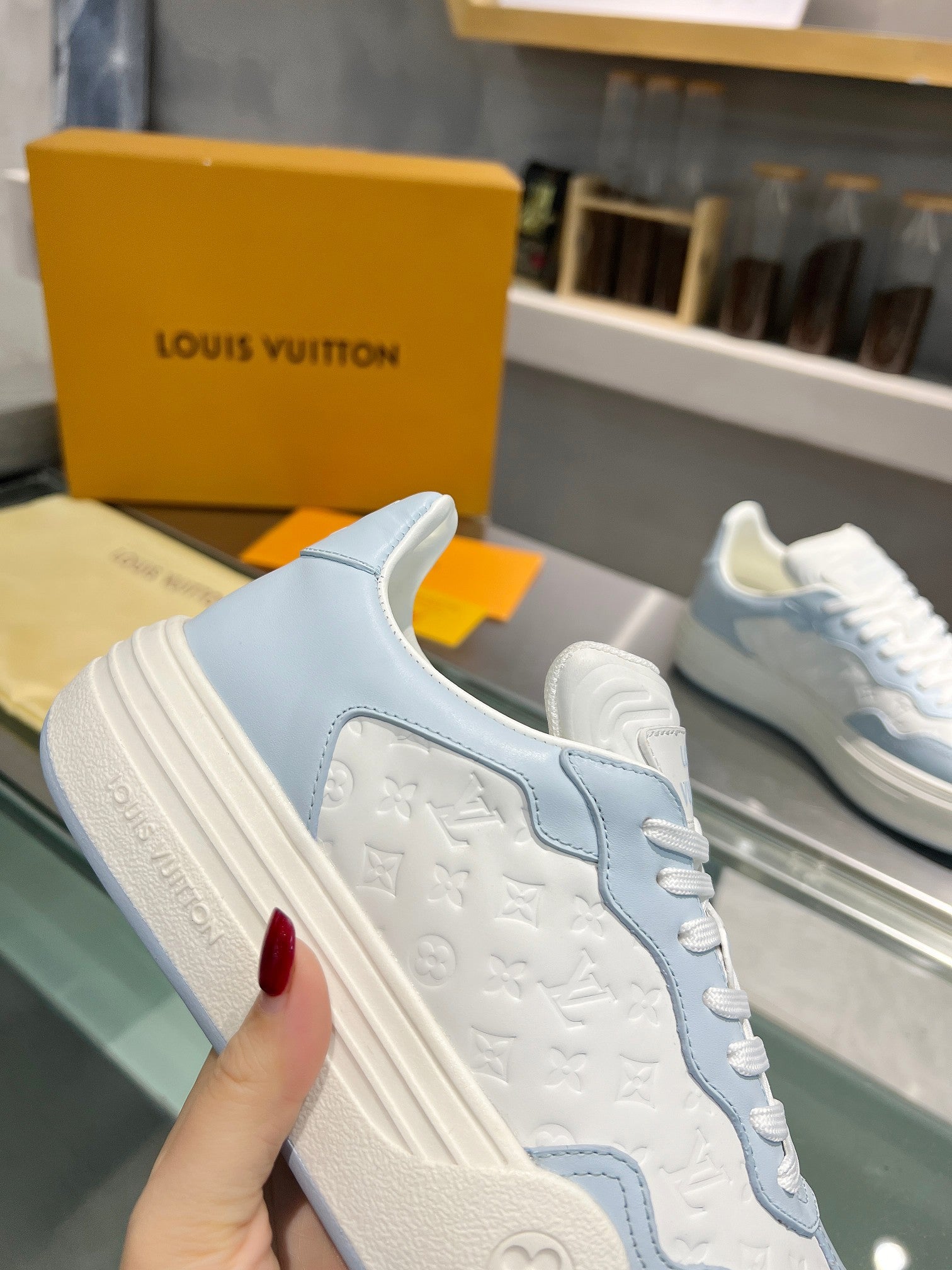 LOUIS VUITTON LV WOMEN GROOVY PLATFORM IN WHITE MIX LIGHT BLUE EMBOSSED CALFSKIN