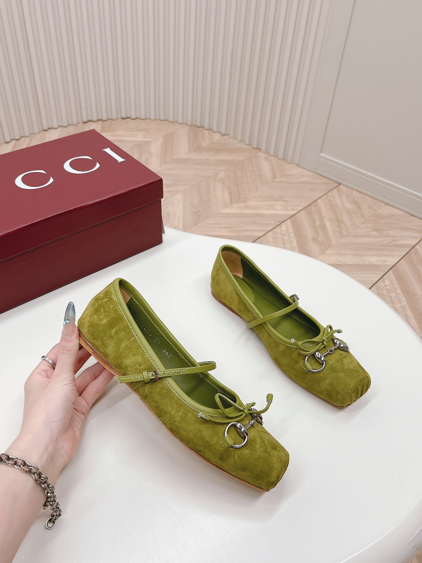 GUCCI BALLET FLAT OLIVE GREEN SUEDE