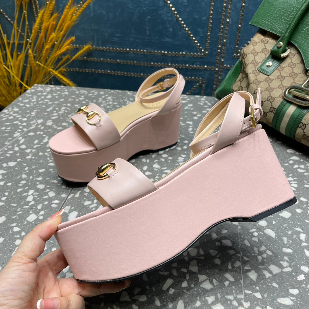 GUCCI HORSEBIT PLATFORM SANDAL PASTEL PINK CALFSKIN