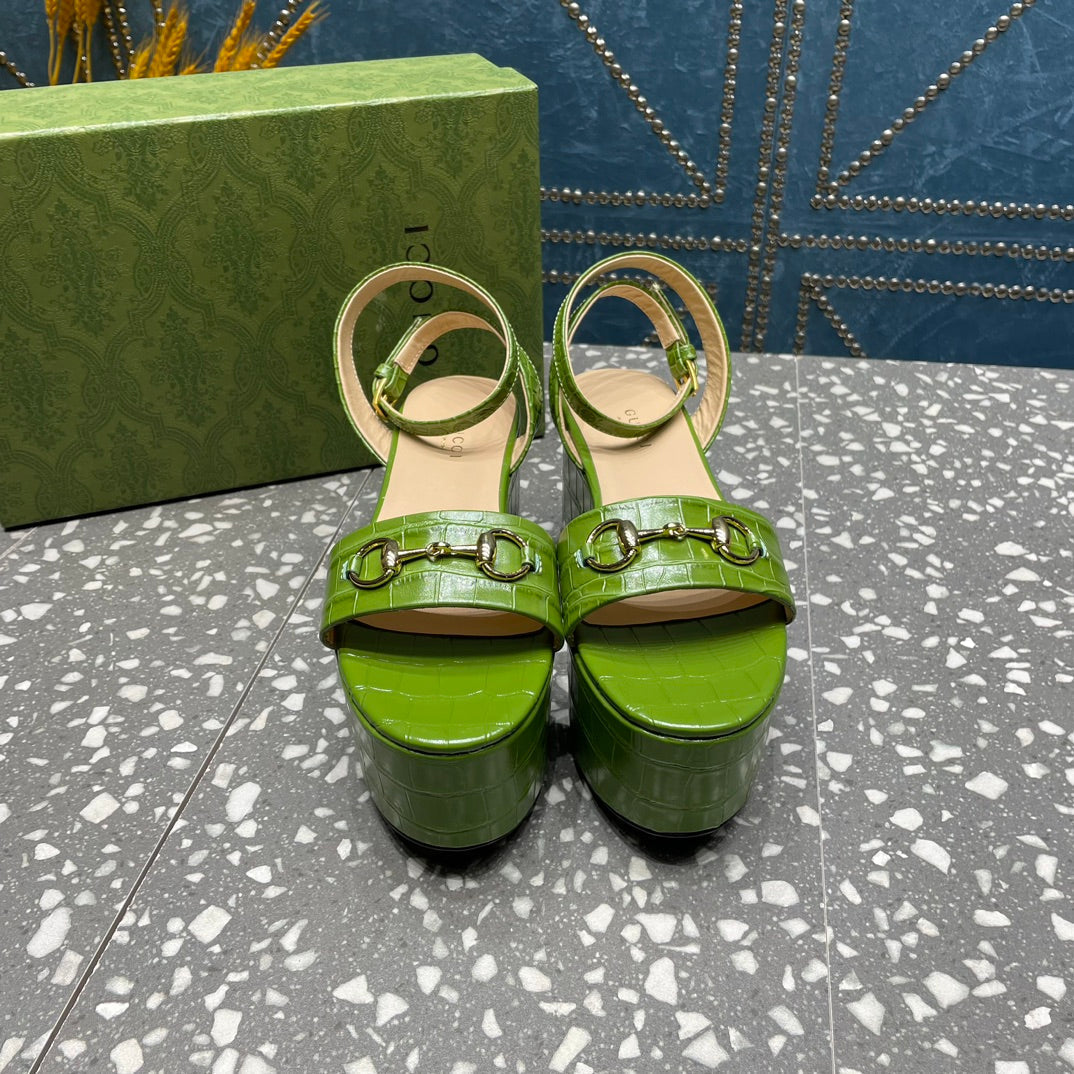 GUCCI HORSEBIT PLATFORM SANDAL GREEN CALFSKIN
