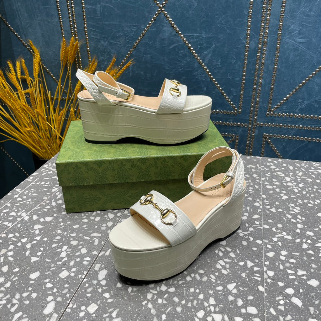 GUCCI HORSEBIT FLATFORM SANDAL GLOSSY WHITE CALFSKIN