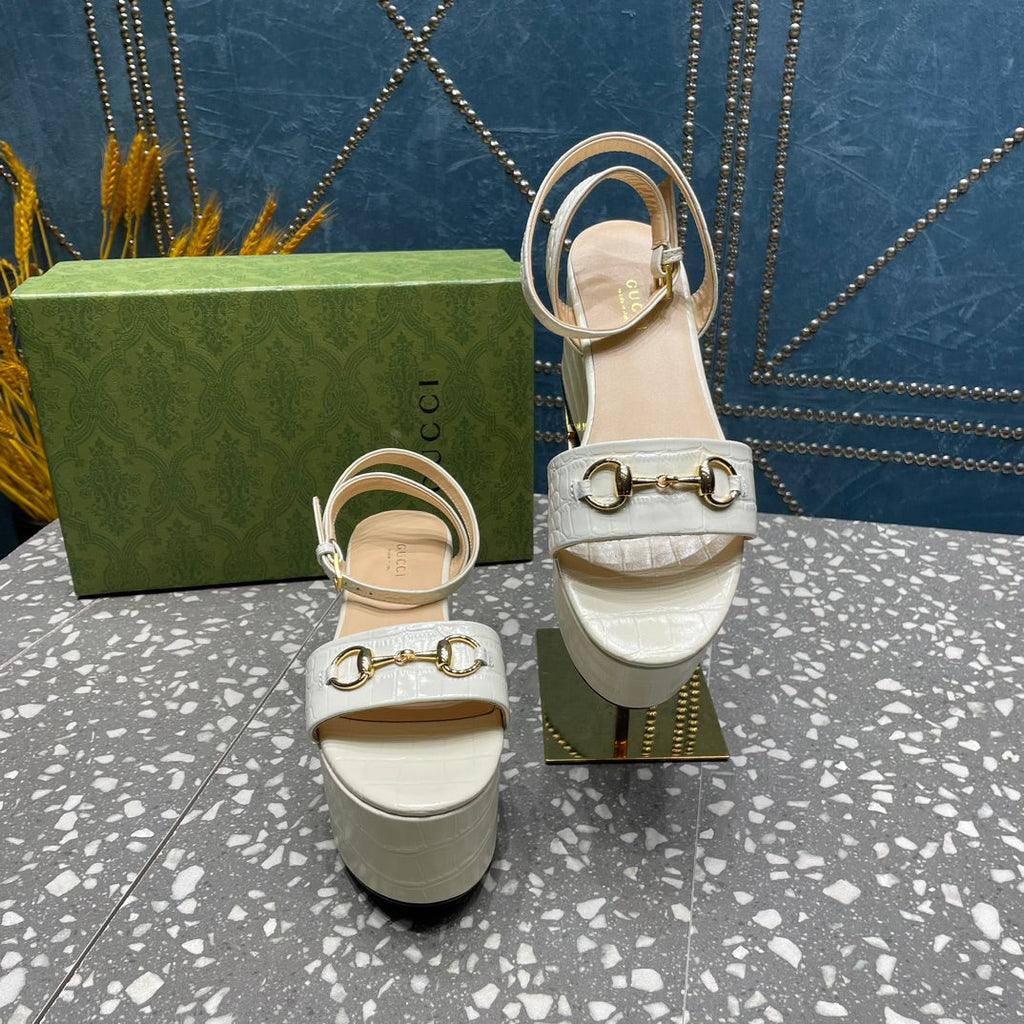GUCCI HORSEBIT FLATFORM SANDAL GLOSSY WHITE CALFSKIN