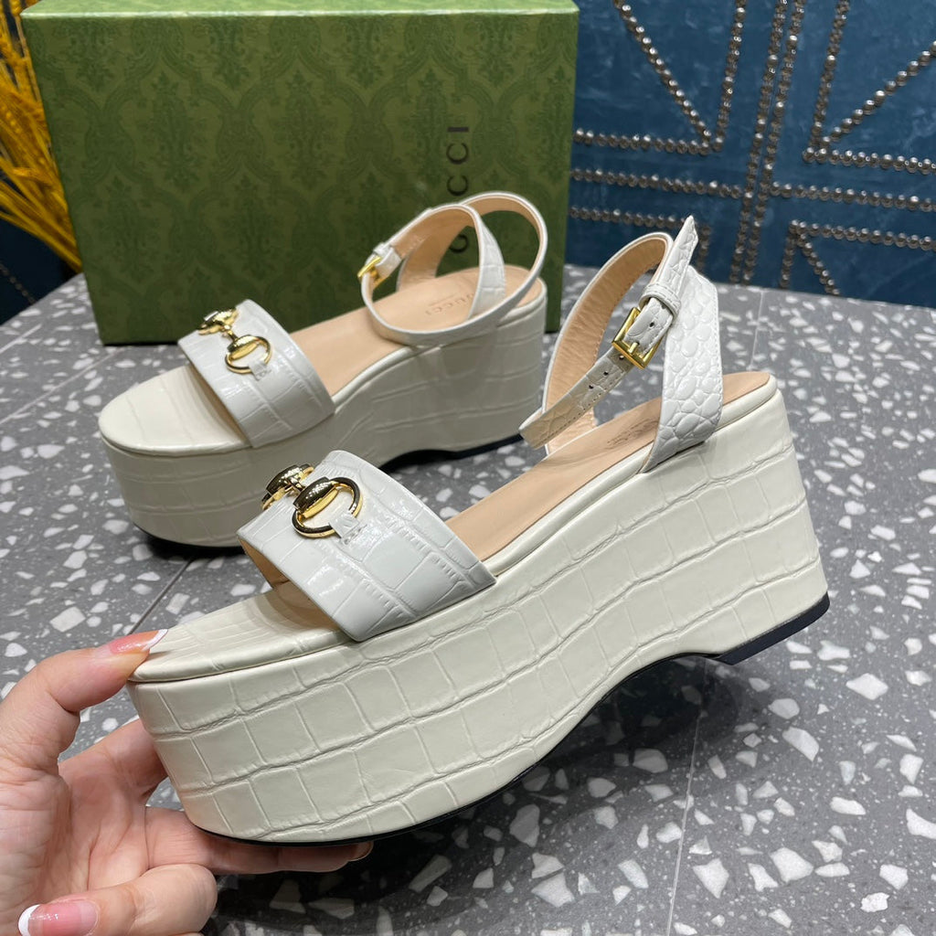 GUCCI HORSEBIT FLATFORM SANDAL GLOSSY WHITE CALFSKIN