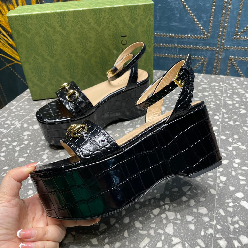 GUCCI HORSEBIT FLATFORM SANDAL GLOSSY BLACK CALFSKIN