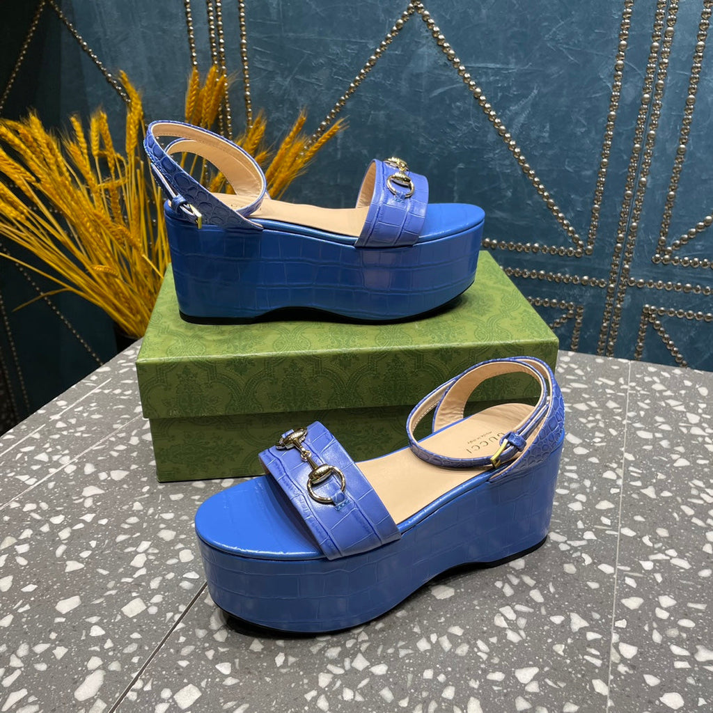 GUCCI HORSEBIT FLATFORM SANDAL COBALT CALFSKIN