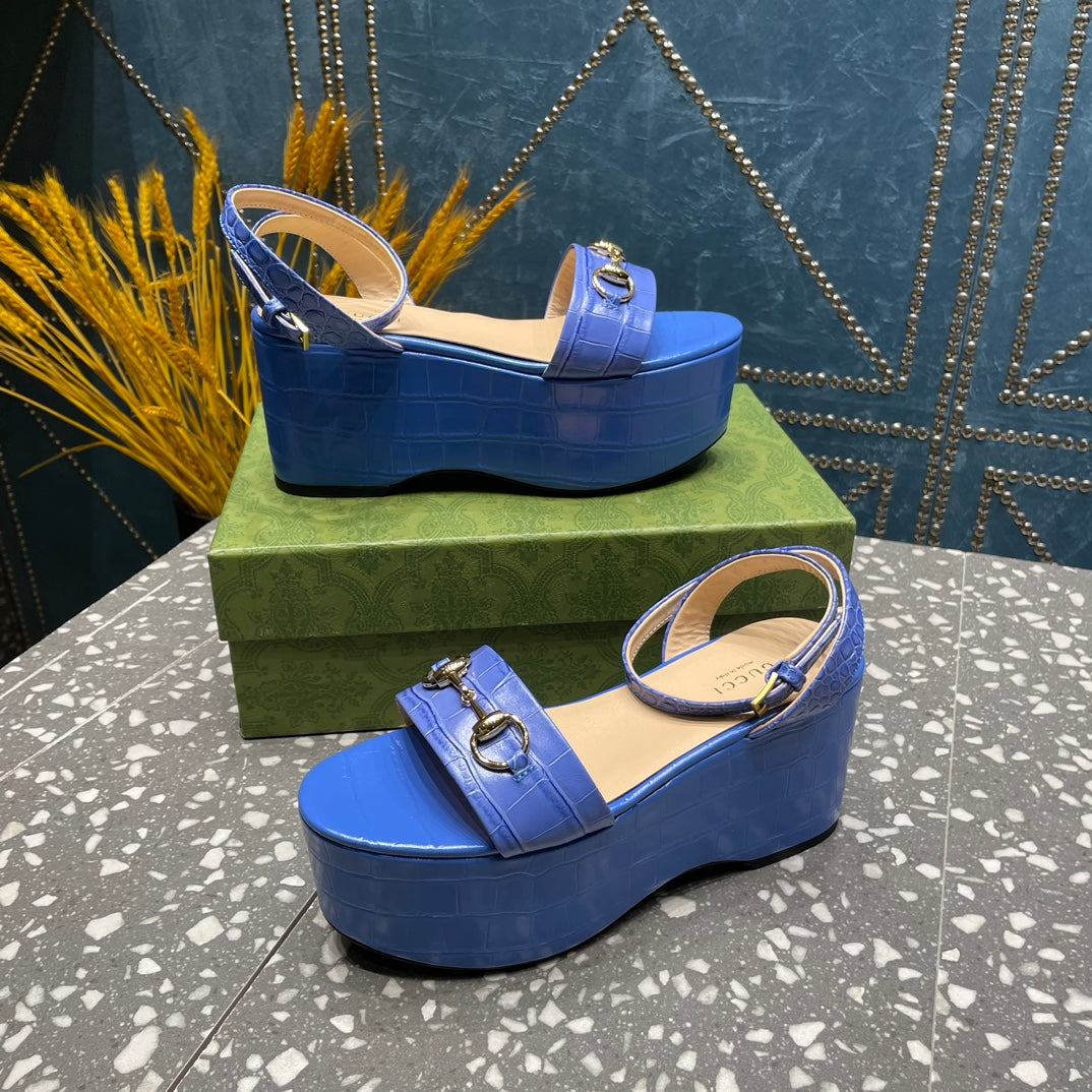 GUCCI HORSEBIT FLATFORM SANDAL COBALT CALFSKIN