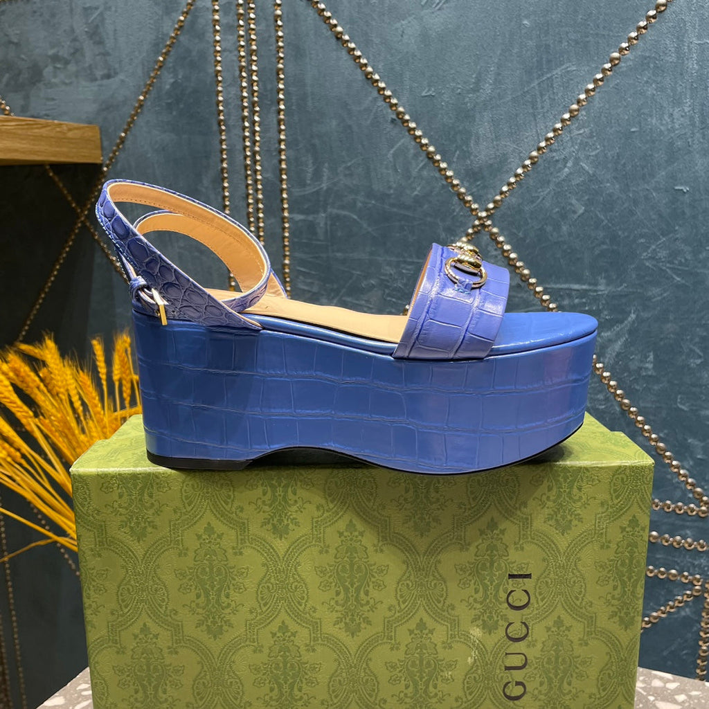 GUCCI HORSEBIT FLATFORM SANDAL COBALT CALFSKIN