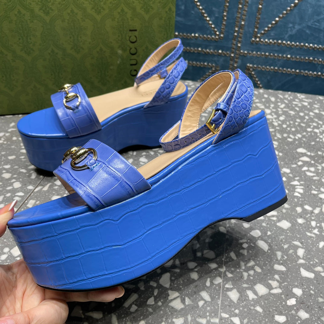 GUCCI HORSEBIT FLATFORM SANDAL COBALT CALFSKIN