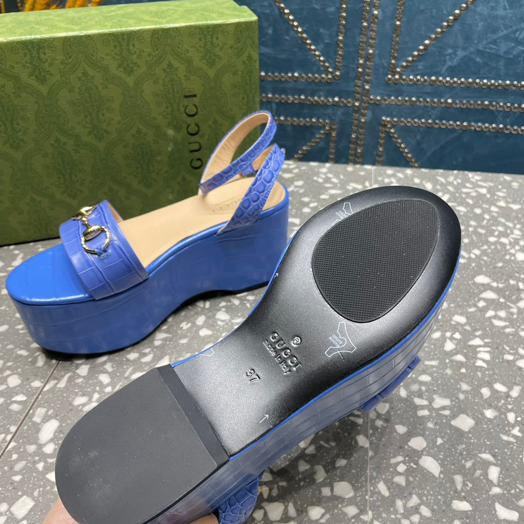 GUCCI HORSEBIT FLATFORM SANDAL COBALT CALFSKIN