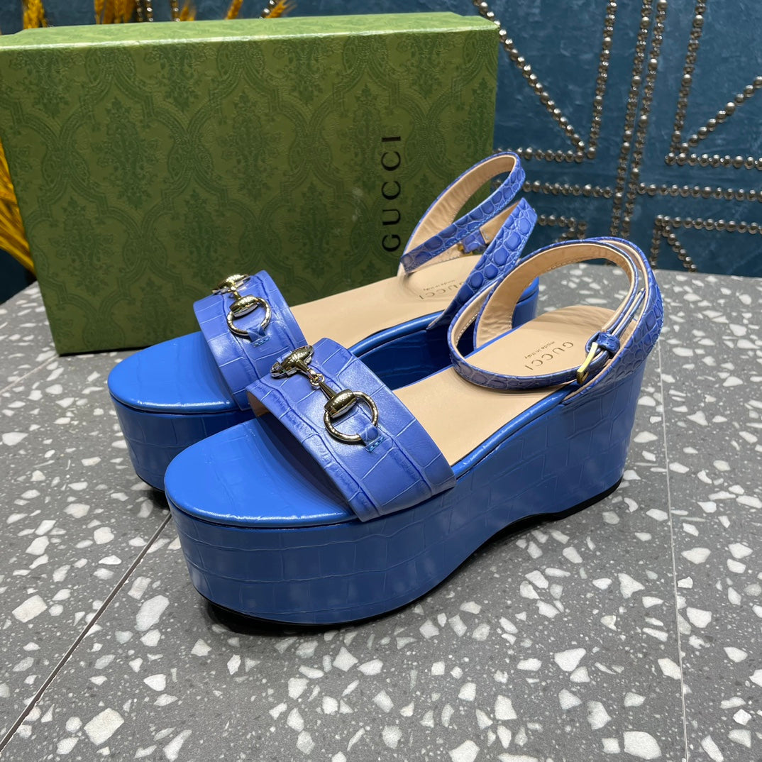 GUCCI HORSEBIT FLATFORM SANDAL COBALT CALFSKIN