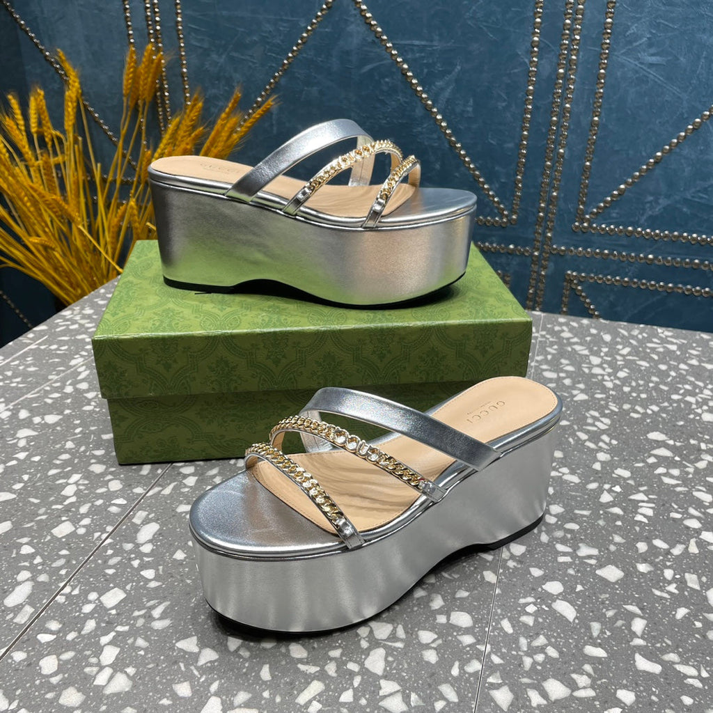 GUCCI HIGH WEDGE PLATFORM IN SILVER CALFSKIN WITH GOLD HARDWARE