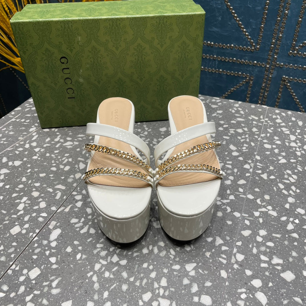 GUCCI HIGH WEDGE PLATFORM IN WHITE CALFSKIN WITH GOLD HARDWARE