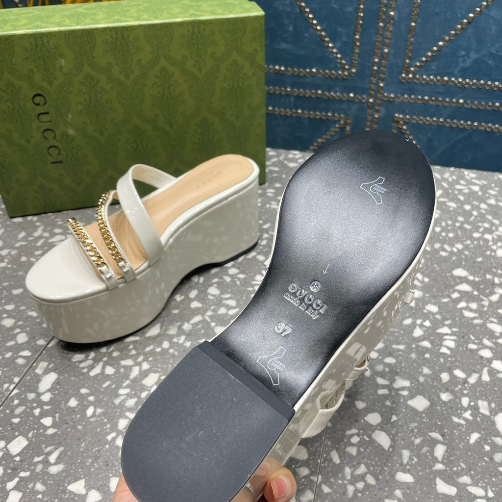 GUCCI HIGH WEDGE PLATFORM IN WHITE CALFSKIN WITH GOLD HARDWARE