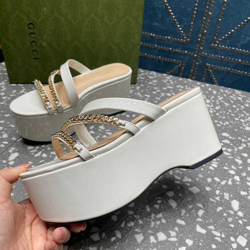 GUCCI HIGH WEDGE PLATFORM IN WHITE CALFSKIN WITH GOLD HARDWARE