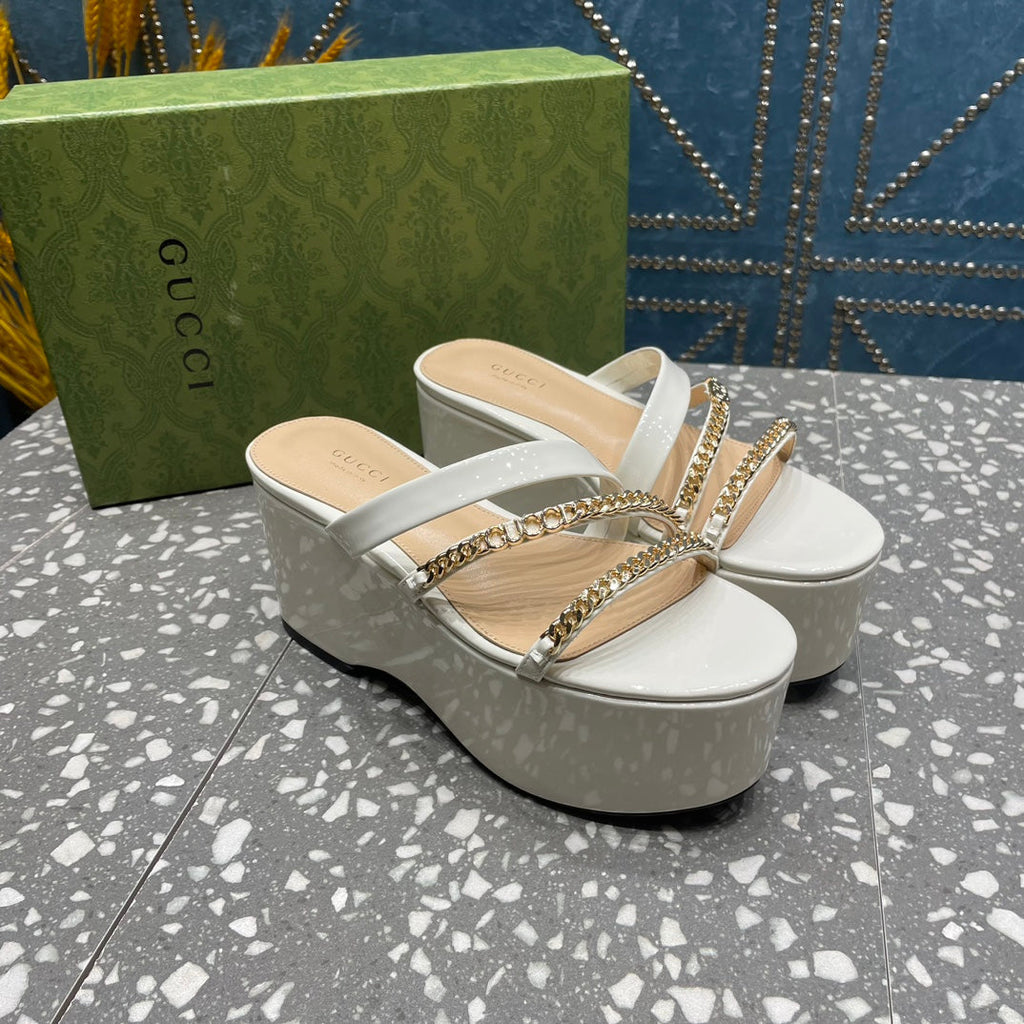 GUCCI HIGH WEDGE PLATFORM IN WHITE CALFSKIN WITH GOLD HARDWARE