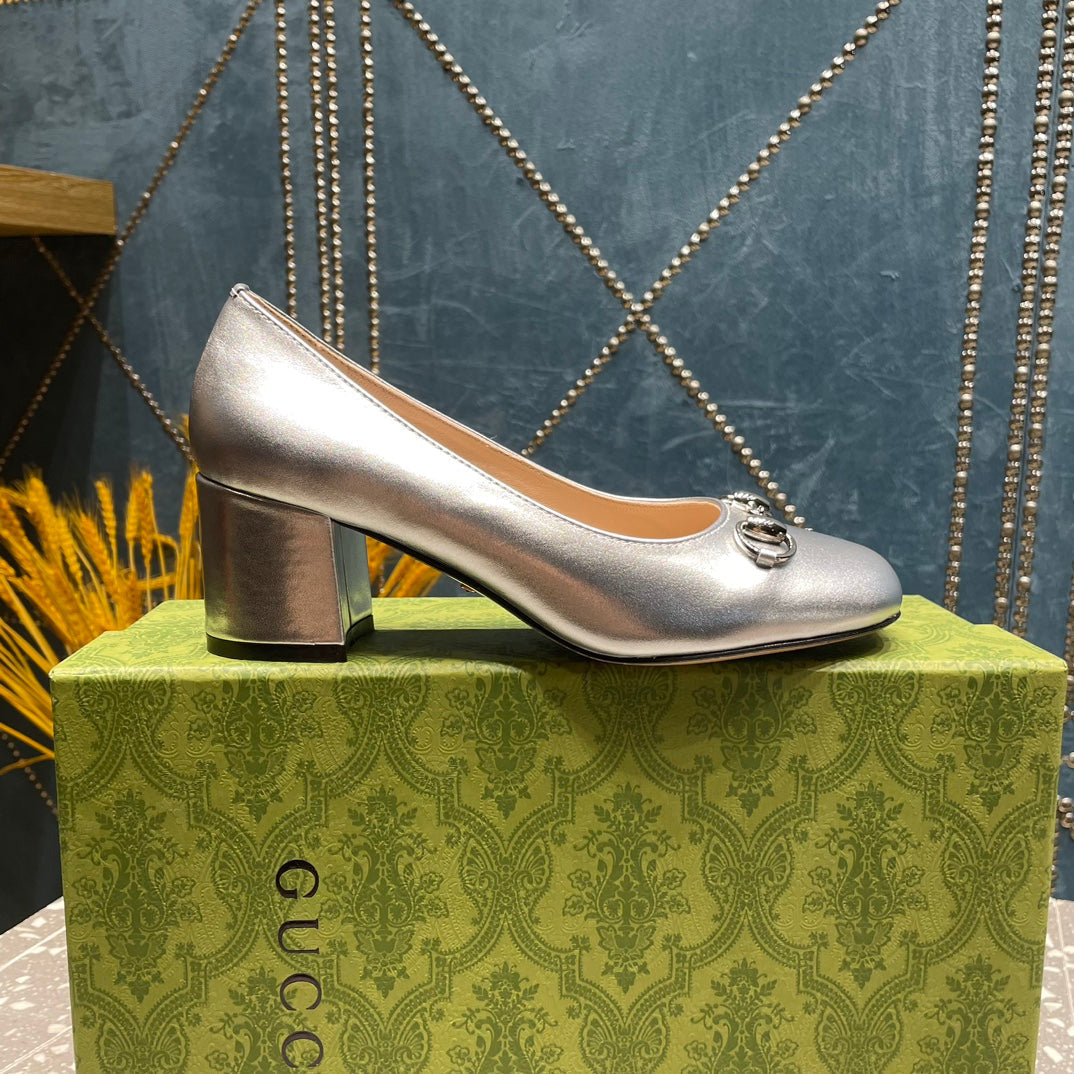 GUCCI HIGH PUMP 55MM IN SILVER SHEEPSKIN