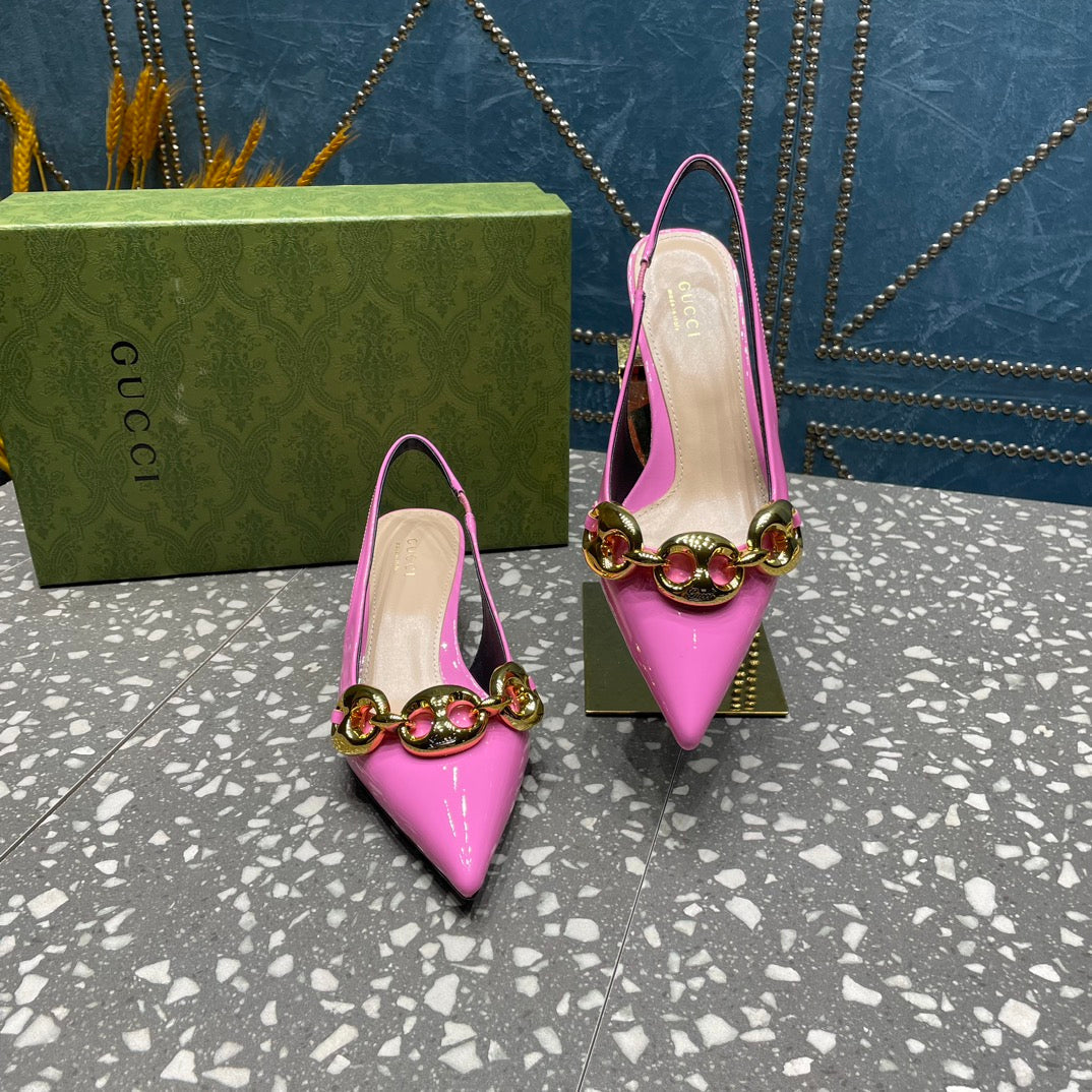 GUCCI WOMEN'S SLINGBACK 45MM IN FUSCIA PINK CALFSKIN WITH GOLD HARDWARE