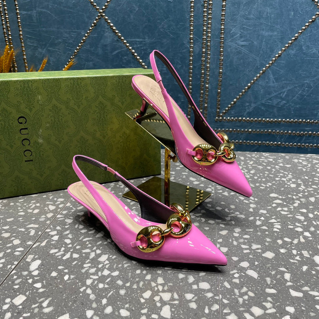 GUCCI WOMEN'S SLINGBACK 45MM IN FUSCIA PINK CALFSKIN WITH GOLD HARDWARE