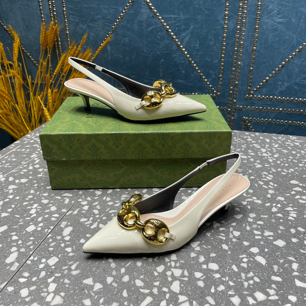 GUCCI WOMEN'S SLINGBACK 45MM IN WHITE CALFSKIN WITH GOLD HARDWARE
