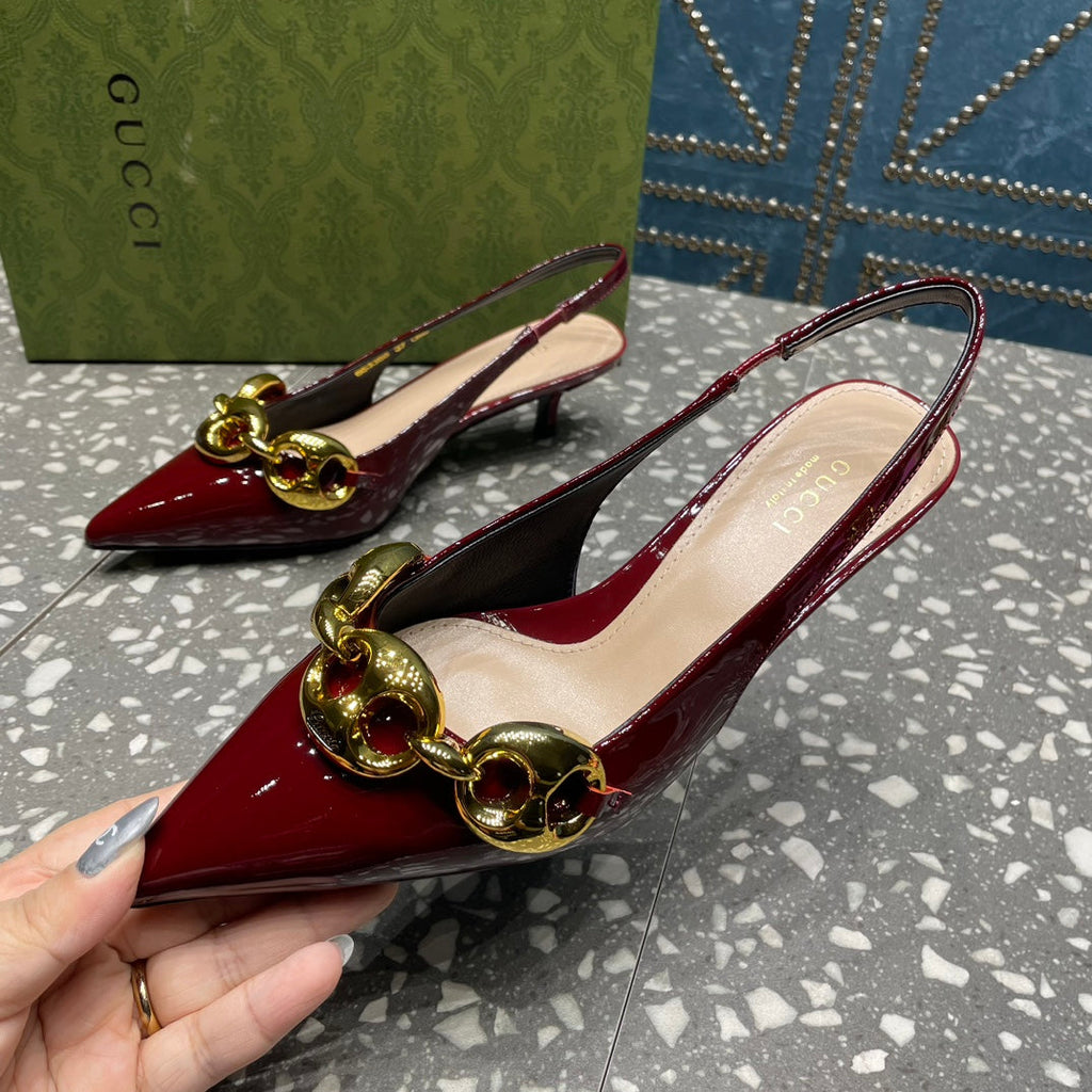 GUCCI WOMEN'S SLINGBACK 45MM IN GARNET RED CALFSKIN WITH GOLD HARDWARE