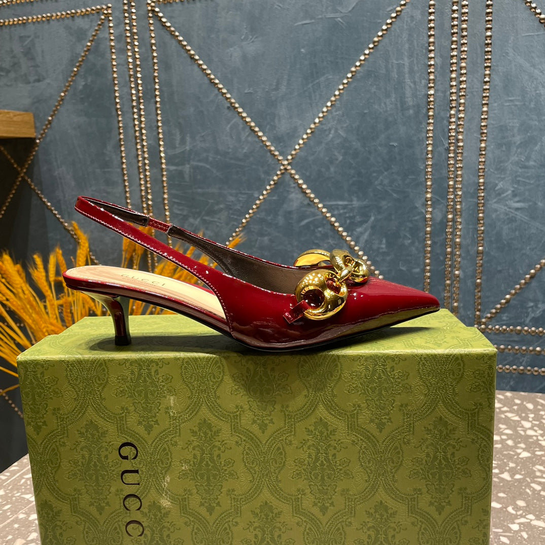 GUCCI WOMEN'S SLINGBACK 45MM IN GARNET RED CALFSKIN WITH GOLD HARDWARE