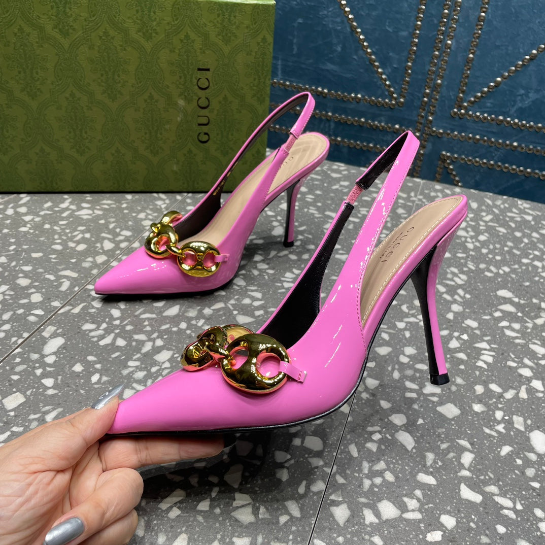 GUCCI WOMEN'S SLINGBACK 10.5 CM IN FUSCIA PINK CALFSKIN WITH GOLD HARDWARE