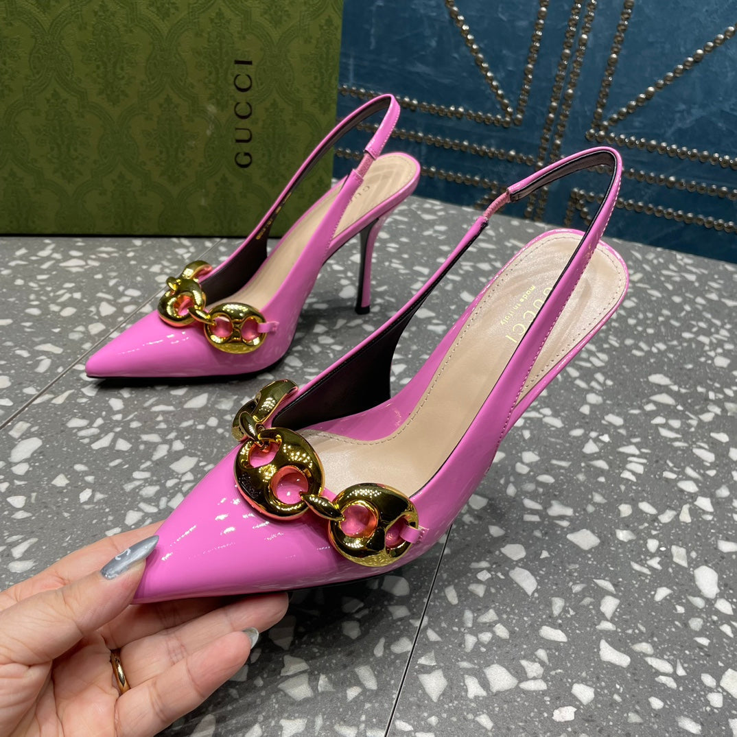 GUCCI WOMEN'S SLINGBACK 10.5 CM IN FUSCIA PINK CALFSKIN WITH GOLD HARDWARE