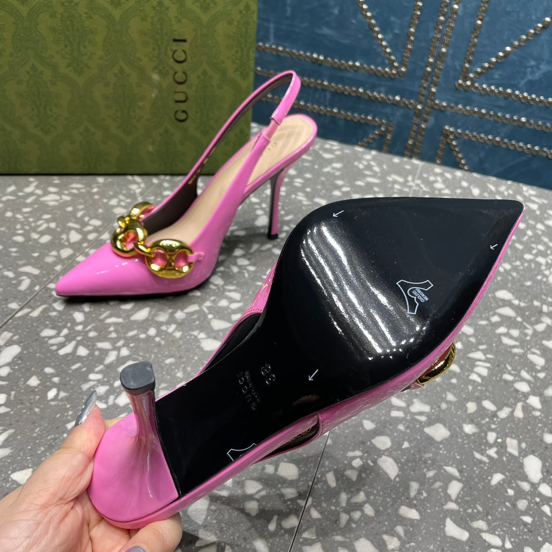 GUCCI WOMEN'S SLINGBACK 10.5 CM IN FUSCIA PINK CALFSKIN WITH GOLD HARDWARE