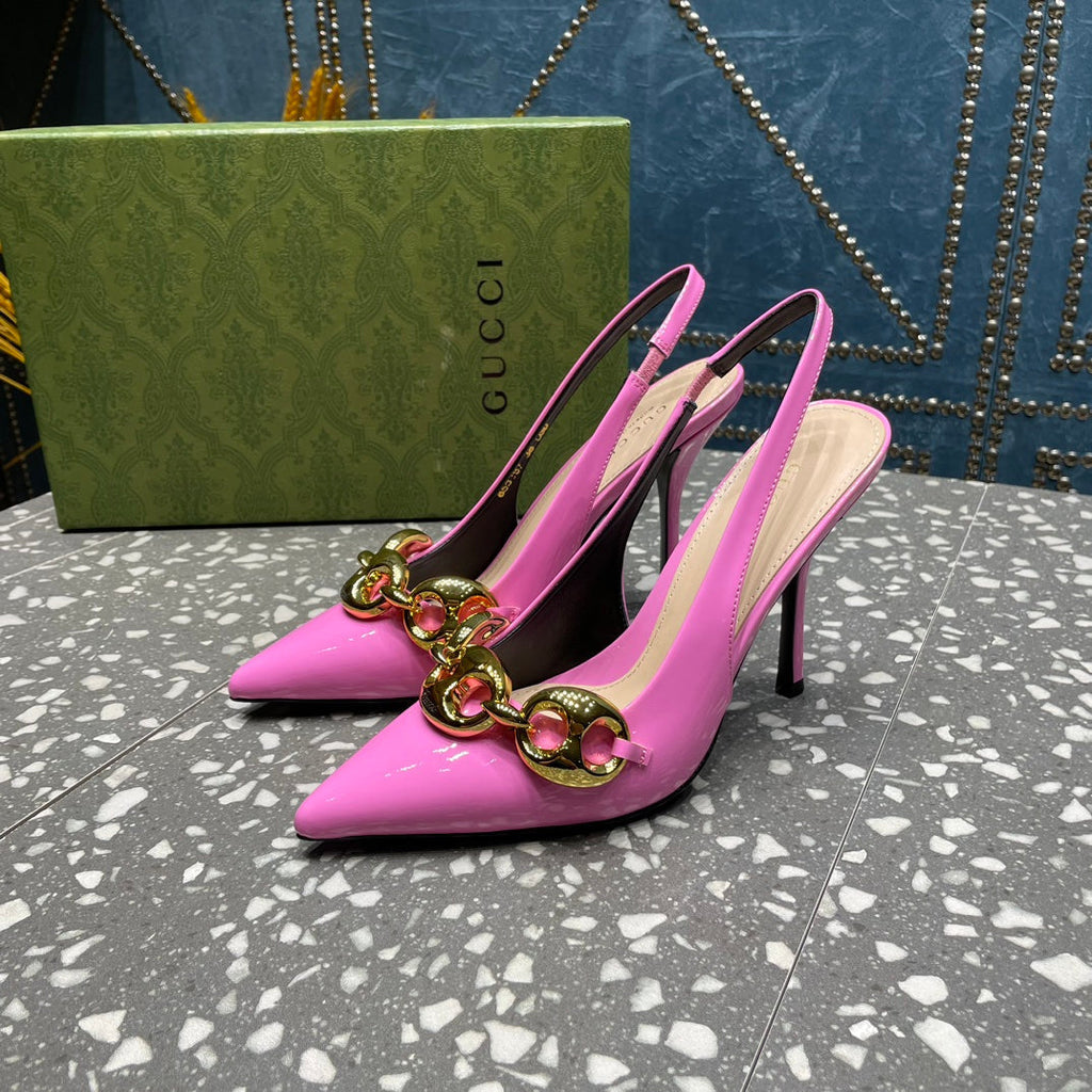 GUCCI WOMEN'S SLINGBACK 10.5 CM IN FUSCIA PINK CALFSKIN WITH GOLD HARDWARE