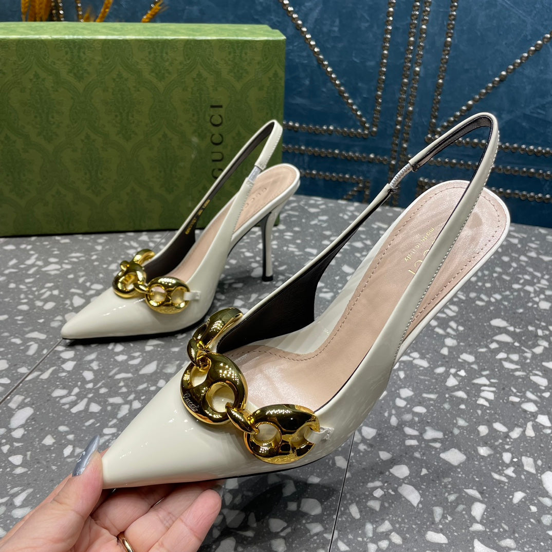GUCCI WOMEN'S SLINGBACK 10.5 CM IN WHITE CALFSKIN WITH GOLD HARDWARE