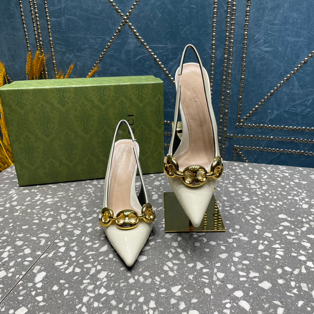GUCCI WOMEN'S SLINGBACK 10.5 CM IN WHITE CALFSKIN WITH GOLD HARDWARE