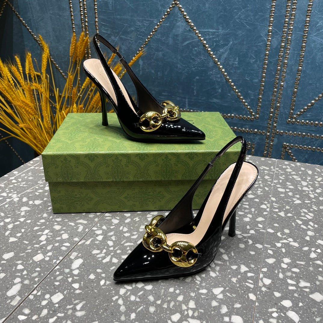 GUCCI WOMEN'S SLINGBACK 10.5 CM IN BLACK CALFSKIN WITH GOLD HARDWARE