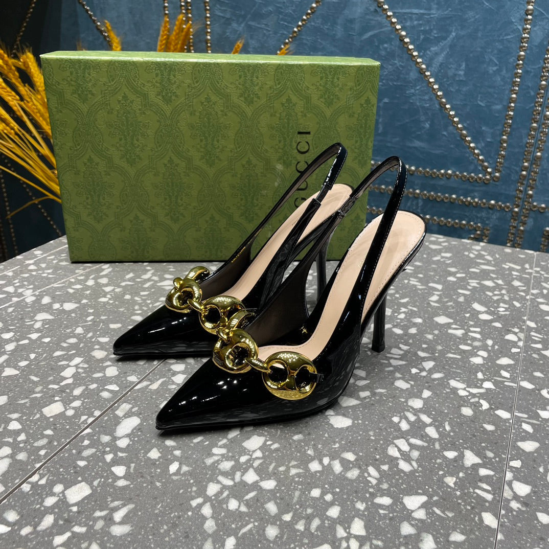 GUCCI WOMEN'S SLINGBACK 10.5 CM IN BLACK CALFSKIN WITH GOLD HARDWARE