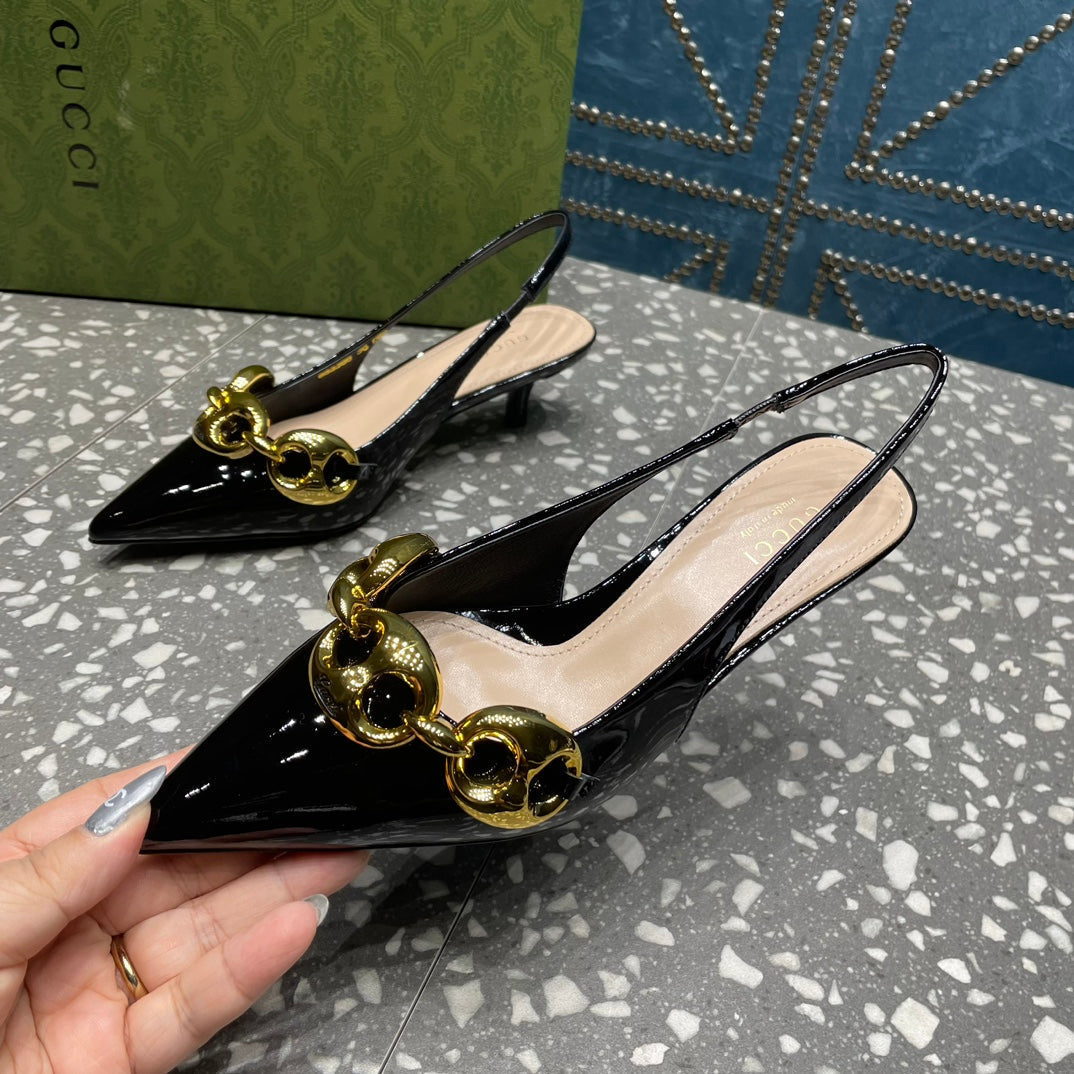 GUCCI WOMEN'S SLINGBACK 45MM IN BLACK CALFSKIN WITH GOLD HARDWARE