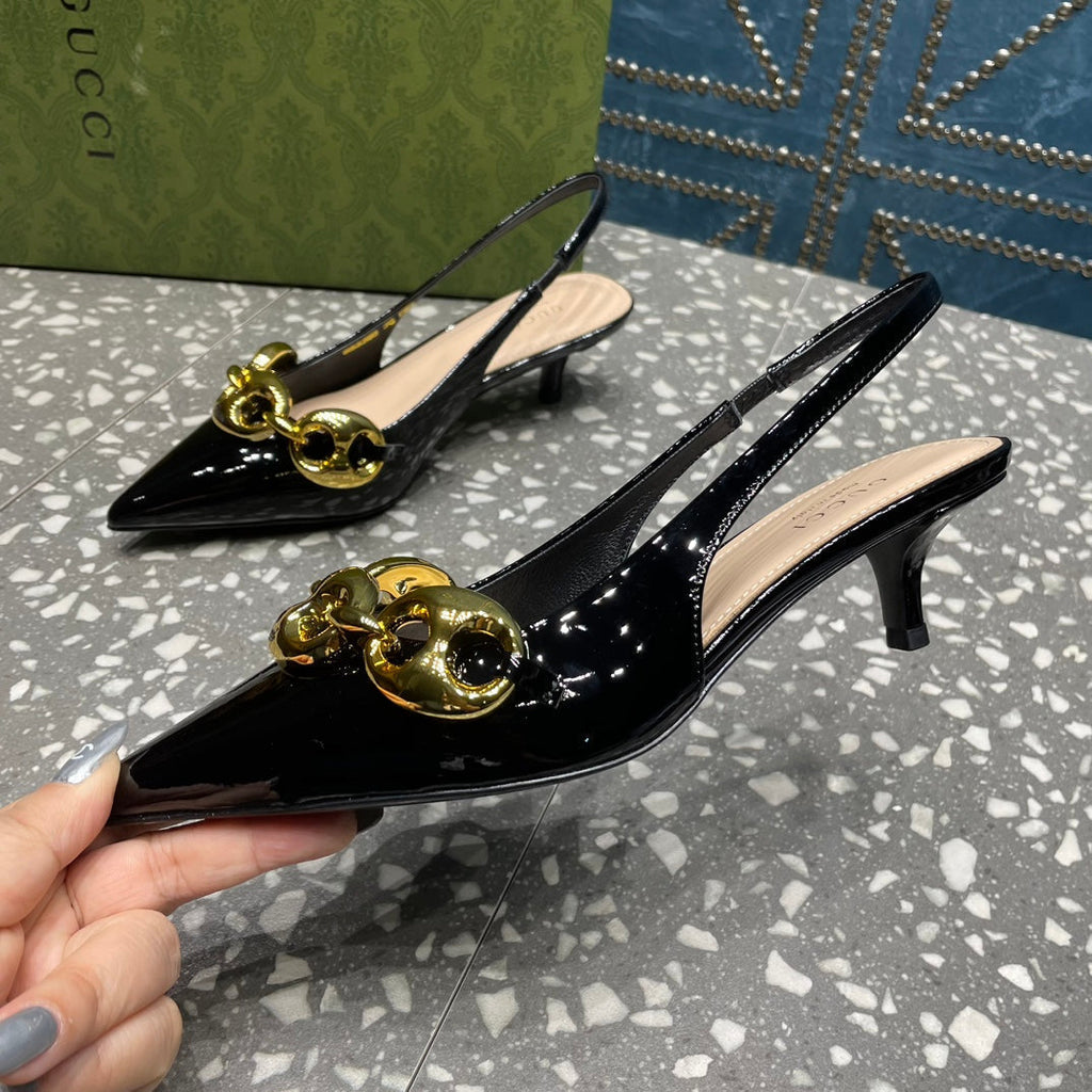 GUCCI WOMEN'S SLINGBACK 45MM IN BLACK CALFSKIN WITH GOLD HARDWARE