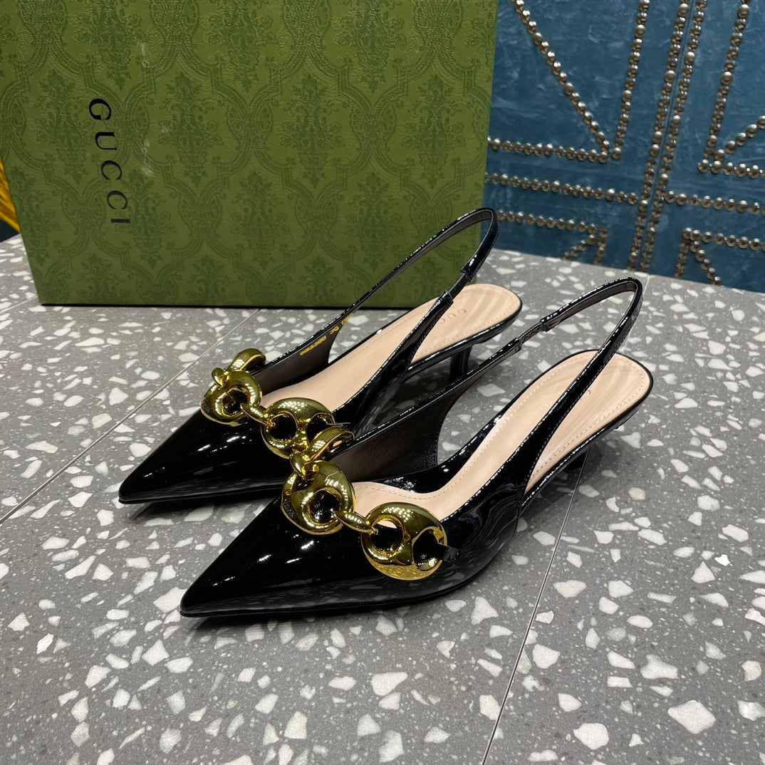 GUCCI WOMEN'S SLINGBACK 45MM IN BLACK CALFSKIN WITH GOLD HARDWARE