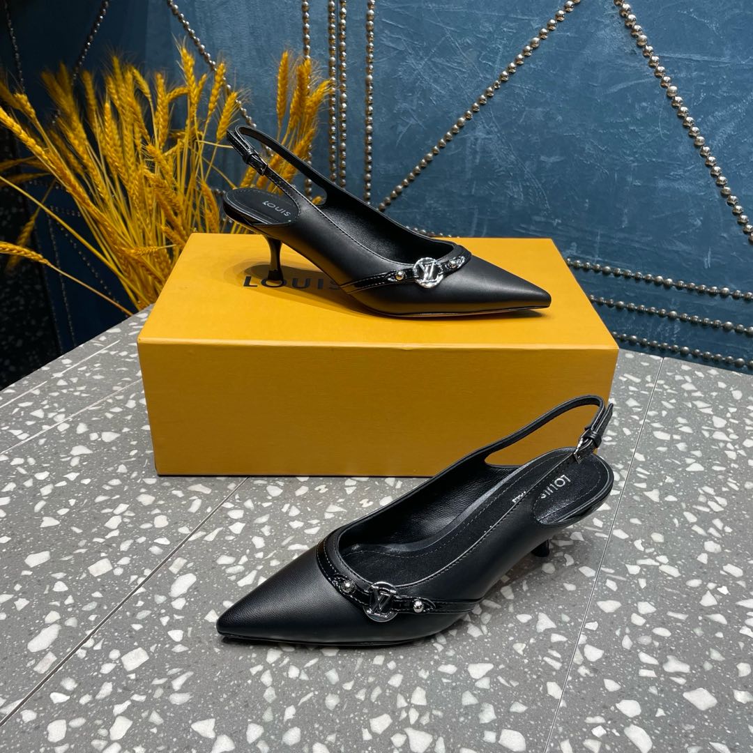 LOUIS VUITTON HIGH HEEL 55 MM SLINGBACKS IN BLACK SHEEPSKIN