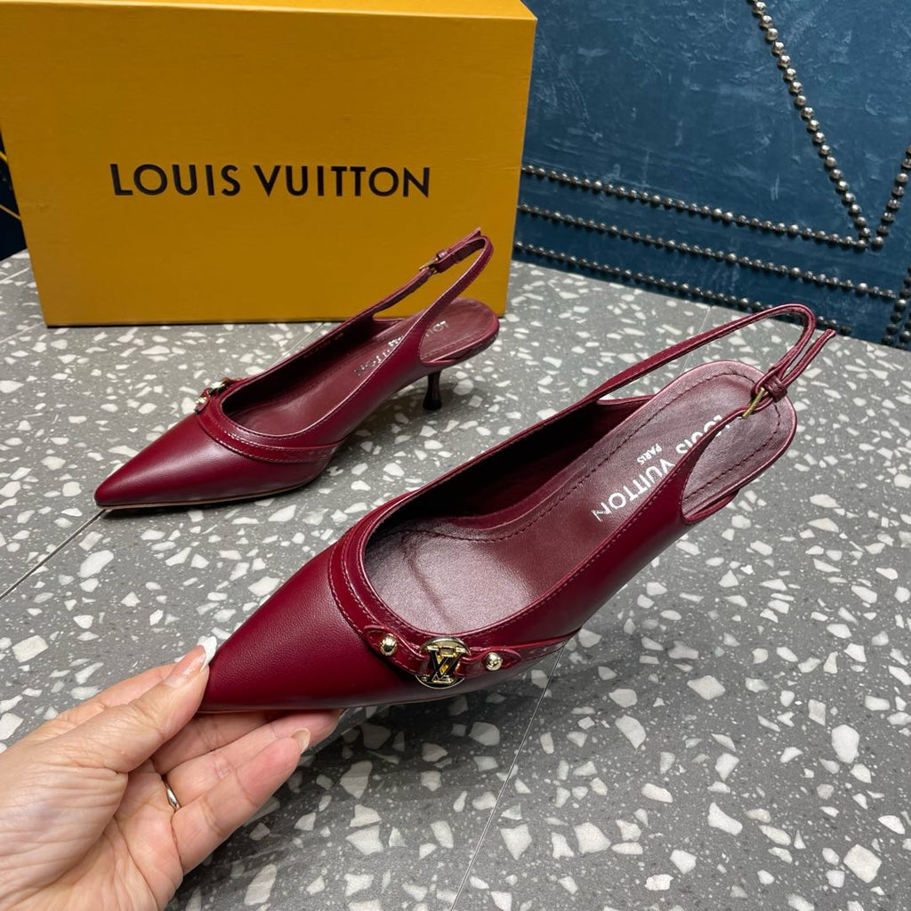 LOUIS VUITTON HIGH HEEL 55 MM SLINGBACKS IN JAM RED SHEEPSKIN