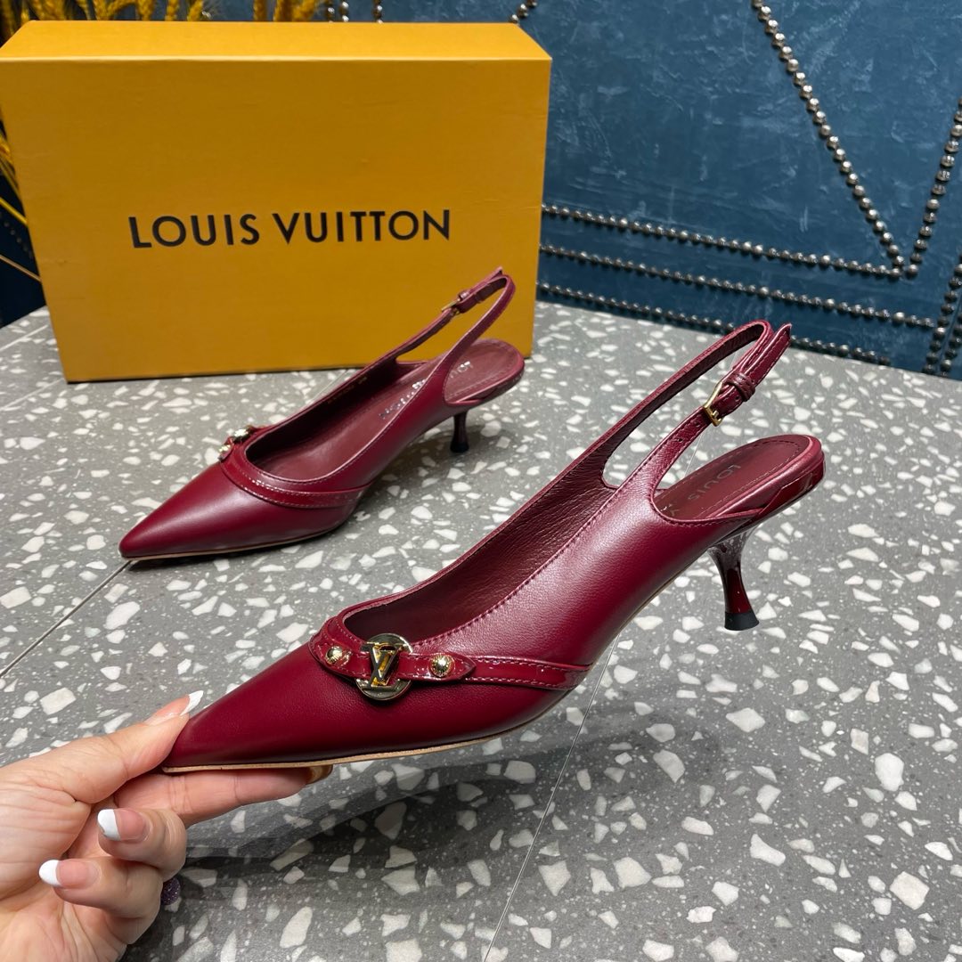 LOUIS VUITTON HIGH HEEL 55 MM SLINGBACKS IN JAM RED SHEEPSKIN