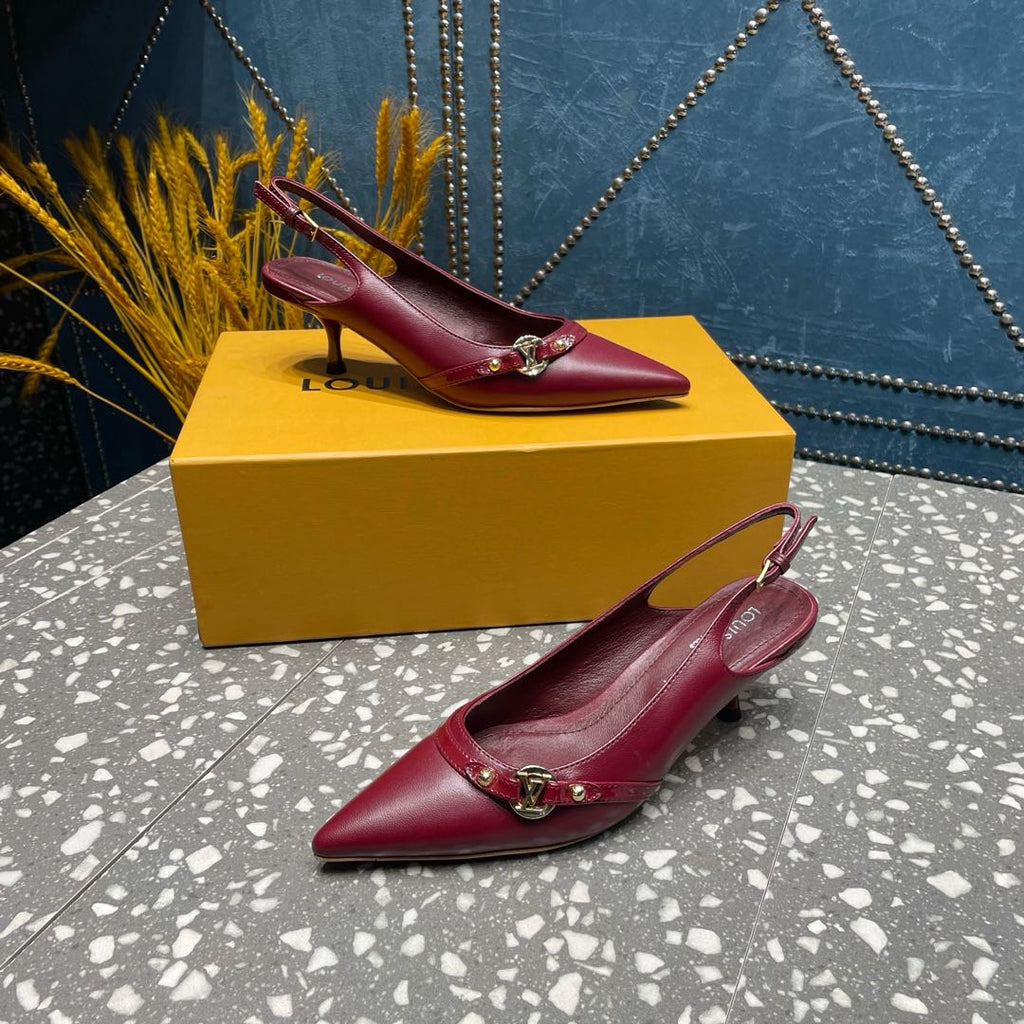 LOUIS VUITTON HIGH HEEL 55 MM SLINGBACKS IN JAM RED SHEEPSKIN