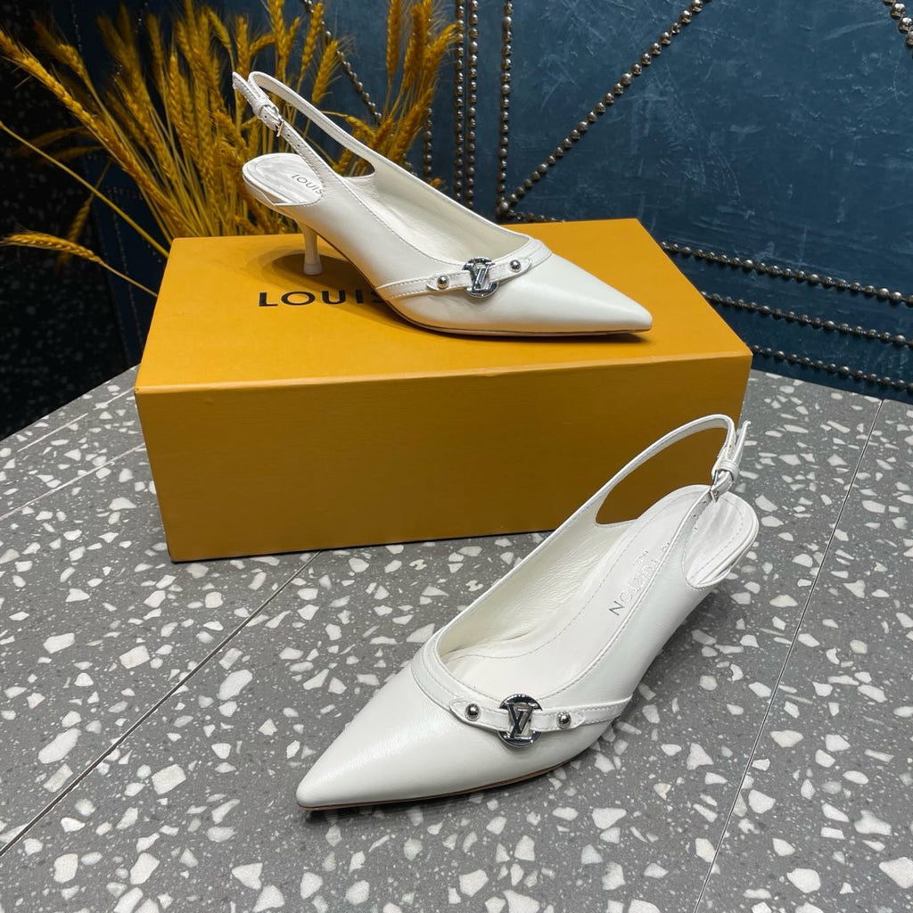 LOUIS VUITTON HIGH HEEL 55 MM SLINGBACKS IN WHITE SHEEPSKIN