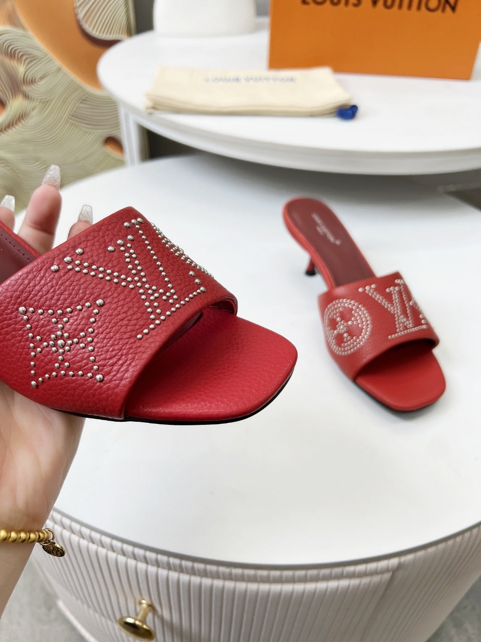 LOUIS VUITTON HIGH MULE IN RUBY RED LAMBSKIN WITH RHINSTONES 55 MM