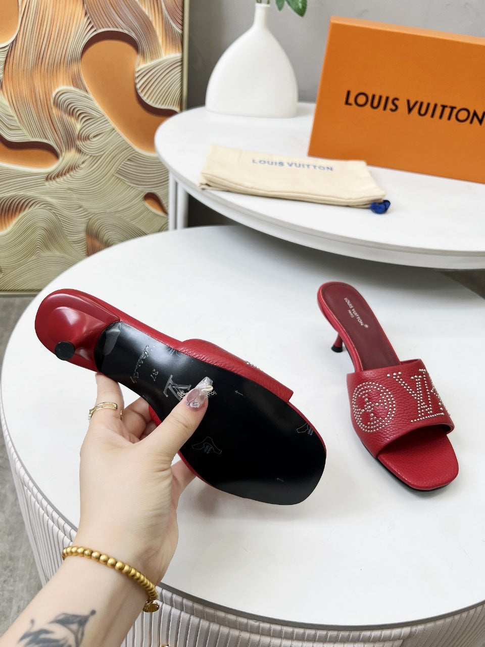 LOUIS VUITTON HIGH MULE IN RUBY RED LAMBSKIN WITH RHINSTONES 55 MM