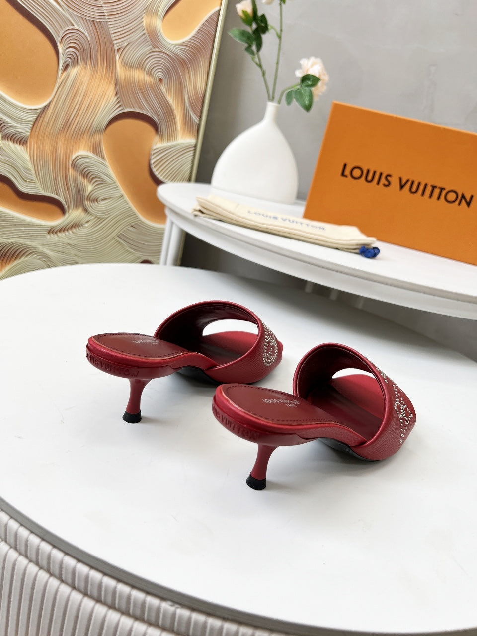 LOUIS VUITTON HIGH MULE IN RUBY RED LAMBSKIN WITH RHINSTONES 55 MM